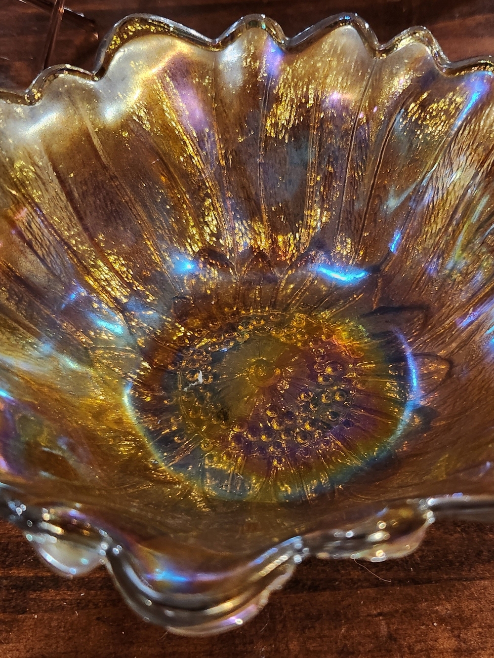 VTG Indiana Glass Marigold Carnival Glass Sunflower Lily Pons Bowl